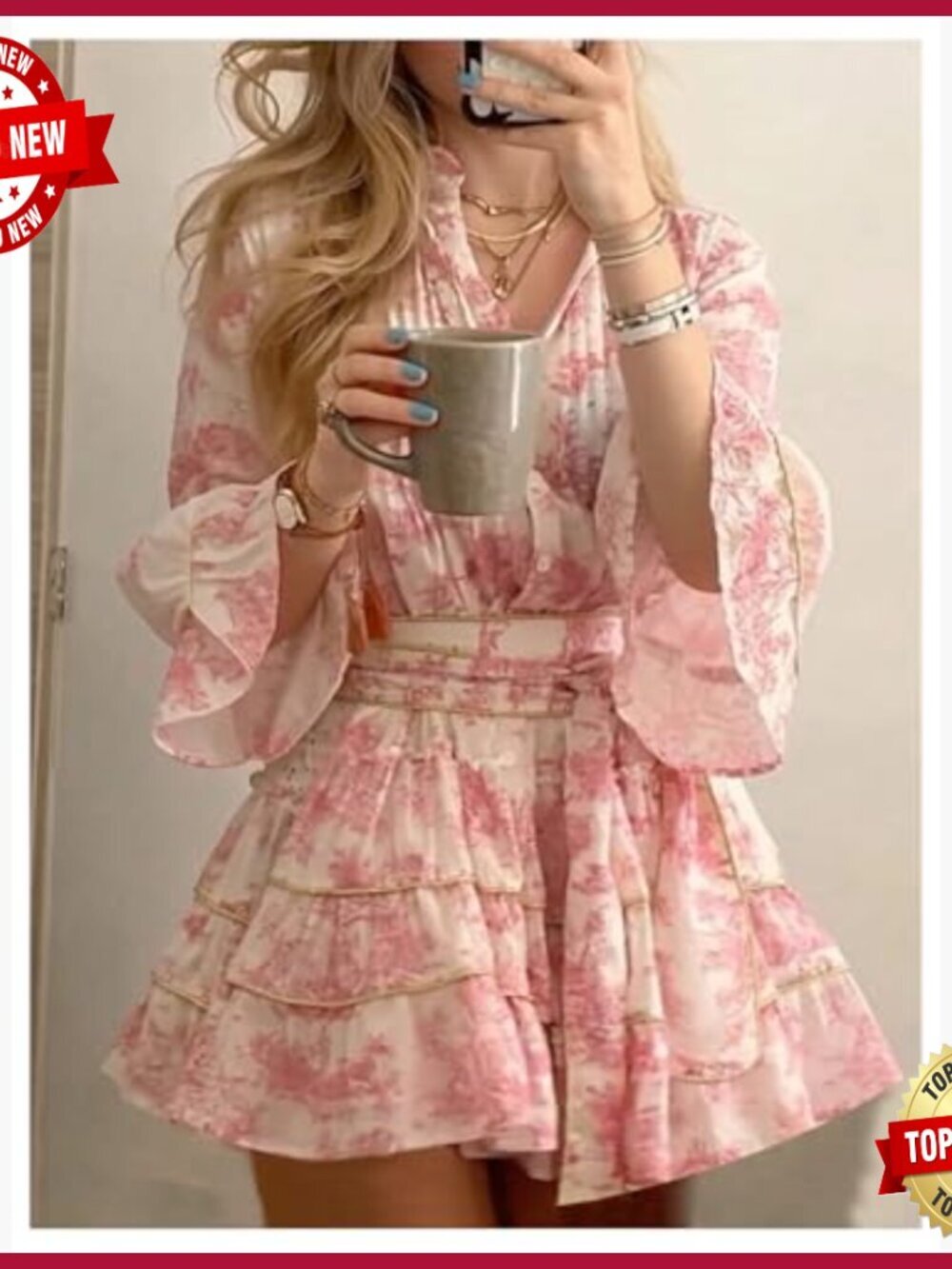 Floral Ruffle Mini Dress 3/4 Sleeve V Neck Boho Casual Vacation Wear - Picture 4 of 5